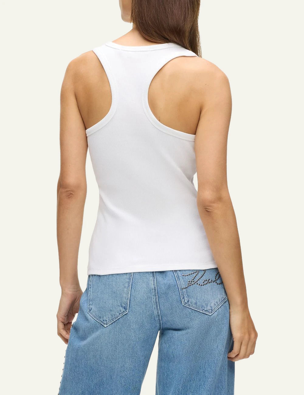 Karl Lagerfeld ribbed tank top white racer back me autograph logo back view