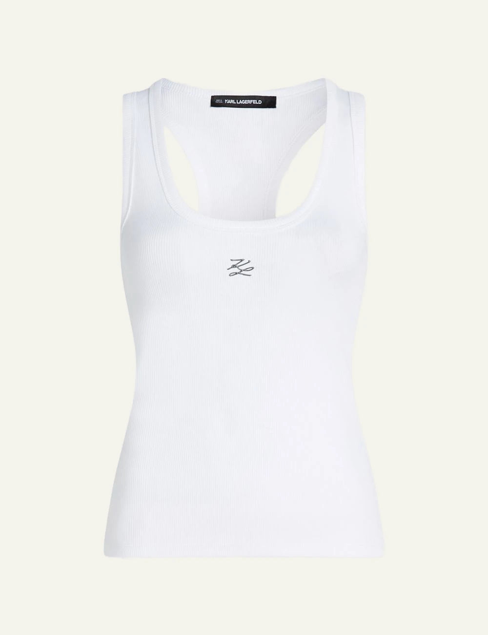 Karl Lagerfeld ribbed tank top white racer back me autograph logo front flat view