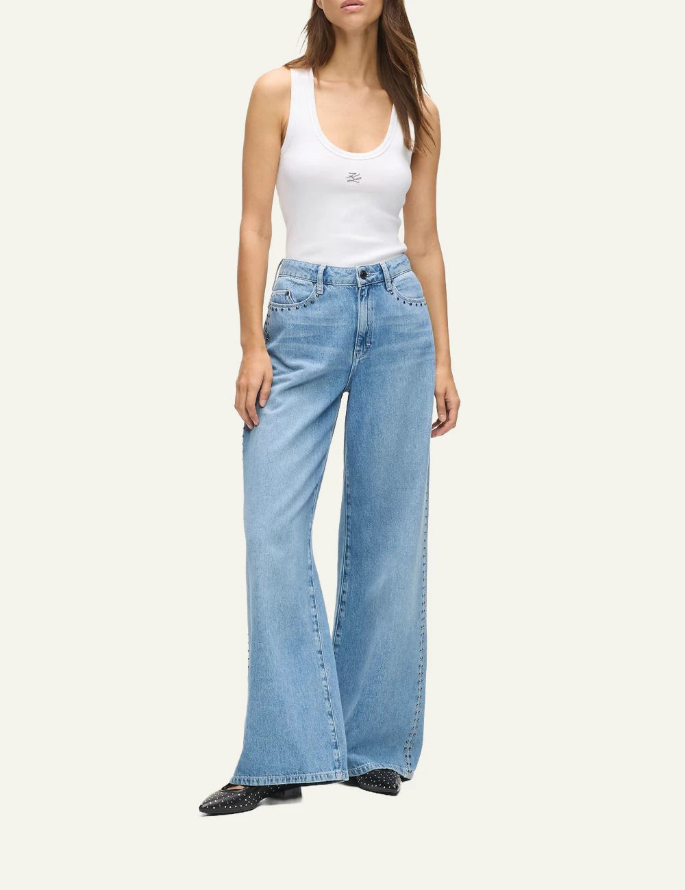 Karl Lagerfeld ribbed tank top white racer back me autograph logo front full body view