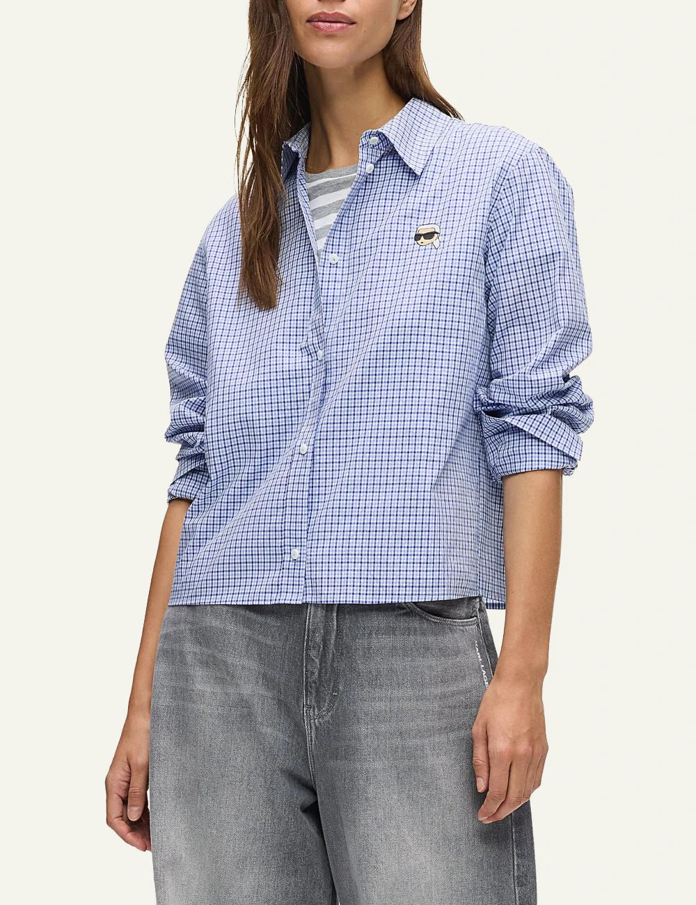 Karl Lagerfeld shirt blue white check me Ikon Karl embroidery front model view