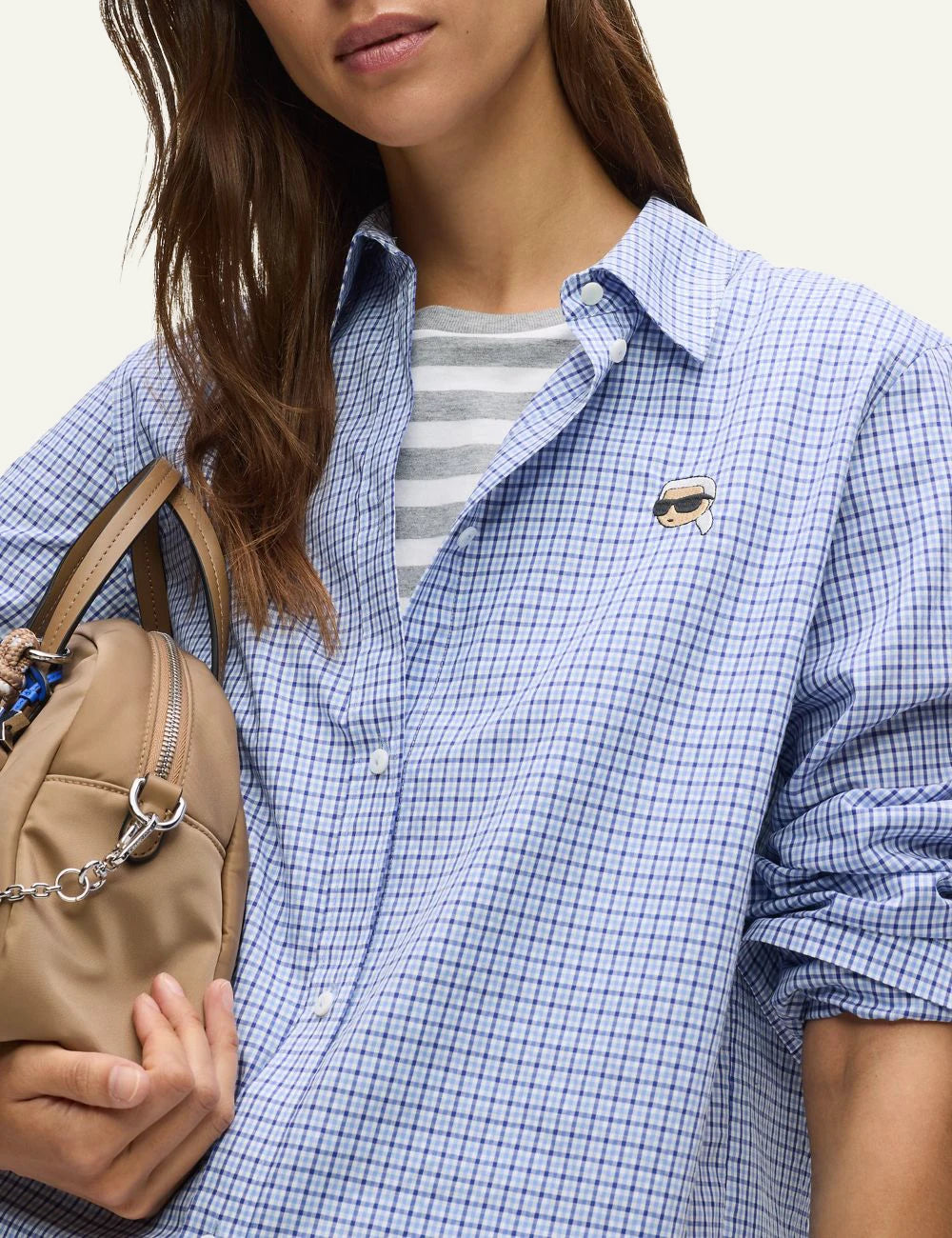 Karl Lagerfeld shirt blue white check me Ikon Karl embroidery front logo detail view