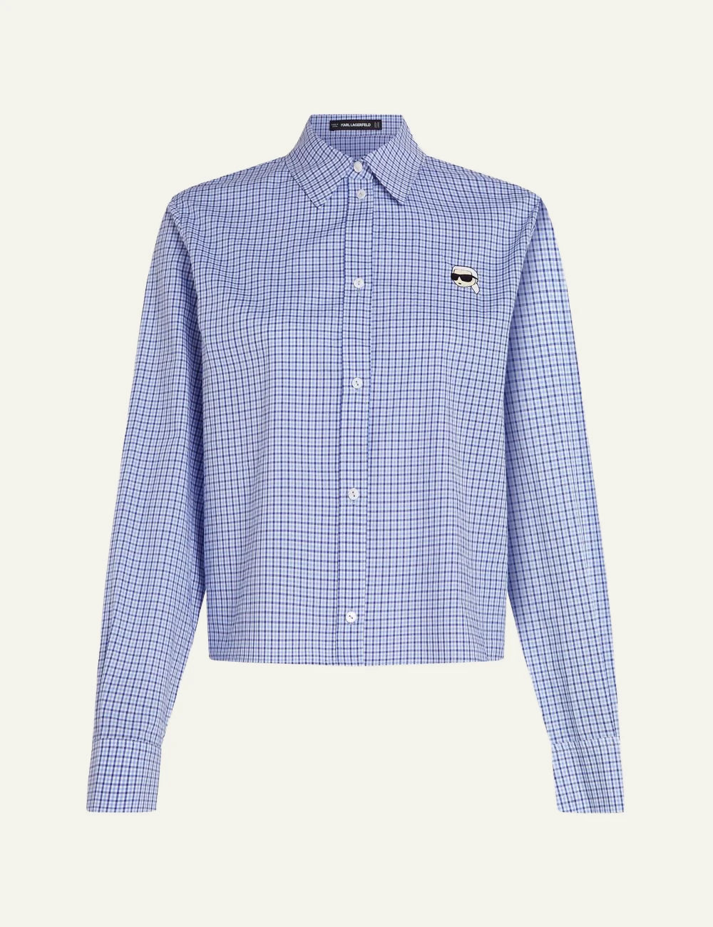 Karl Lagerfeld shirt blue white check me Ikon Karl embroidery front flat view