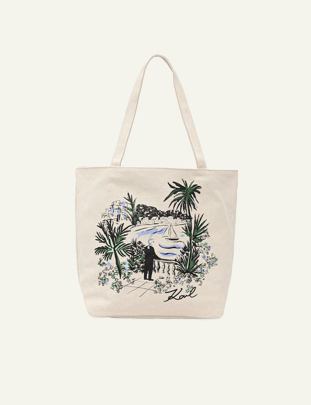Karl Lagerfeld shopper bag beige tropical print canvas tote front