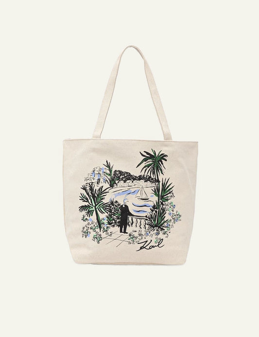 Karl Lagerfeld shopper bag beige tropical print canvas tote front