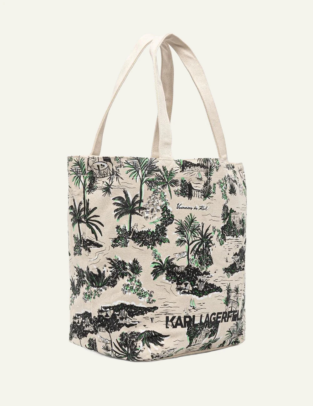 Karl Lagerfeld shopper bag beige tropical print canvas tote side