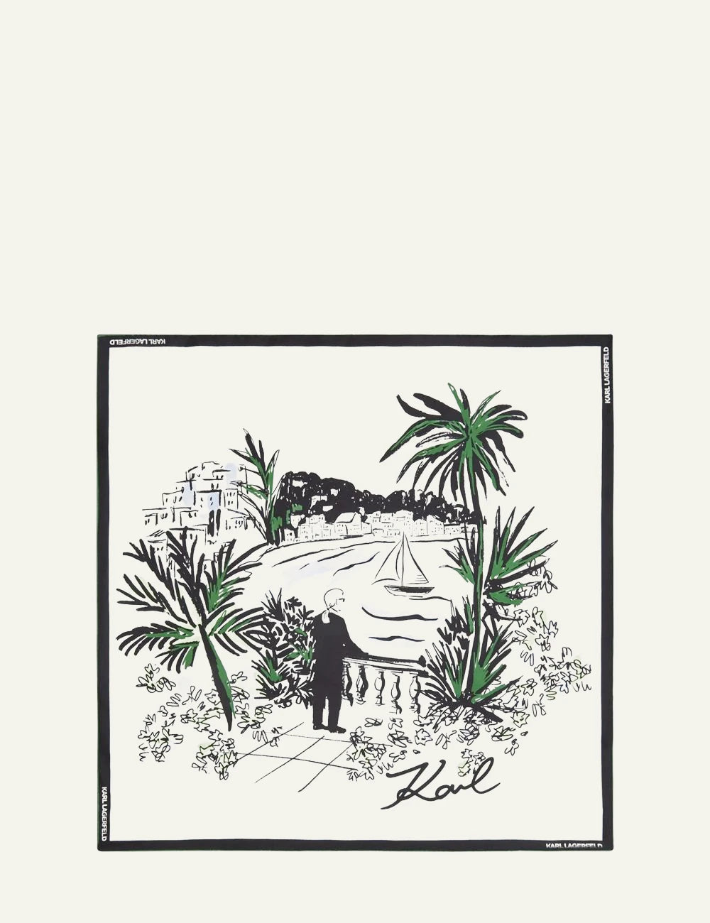 Karl Lagerfeld signature print silk scarf white black seaside illustration full