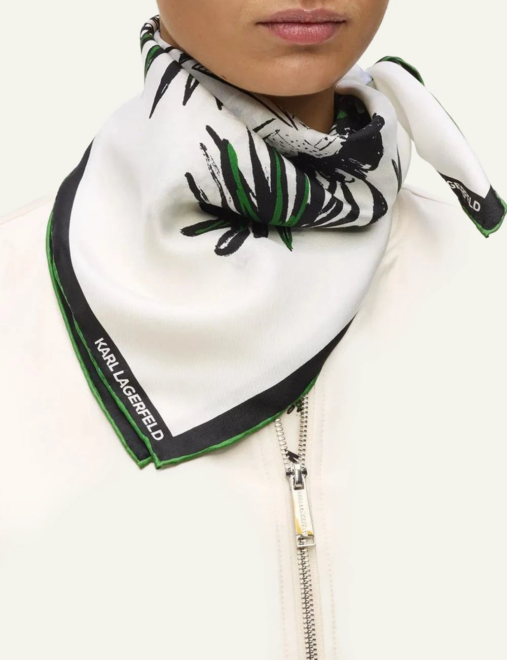 Karl Lagerfeld signature print silk scarf white black seaside illustration model
