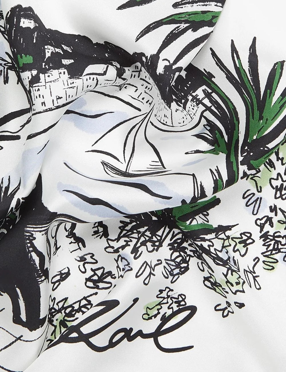 Karl Lagerfeld signature print silk scarf white black seaside illustration detail