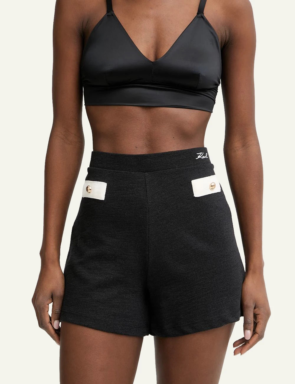 Karl Lagerfeld signature shorts black high waist contrast pocket detail front model view