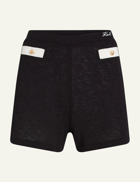 Karl Lagerfeld signature shorts black high waist contrast pocket detail front view