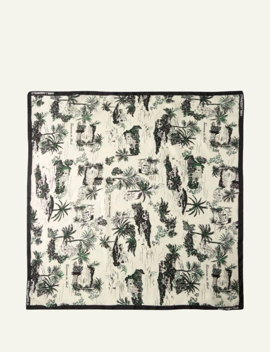 Karl Lagerfeld signature vacance silk scarf black white tropical print flat lay