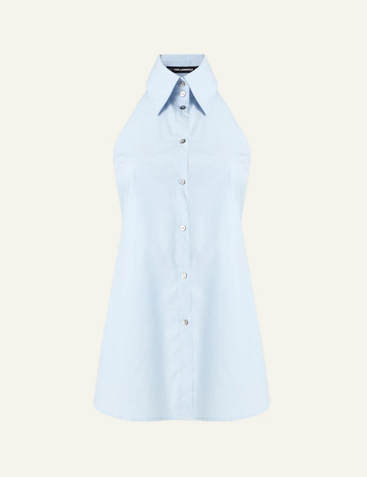 Karl Lagerfeld sleeveless poplin blouse light blue halter neck button front front view