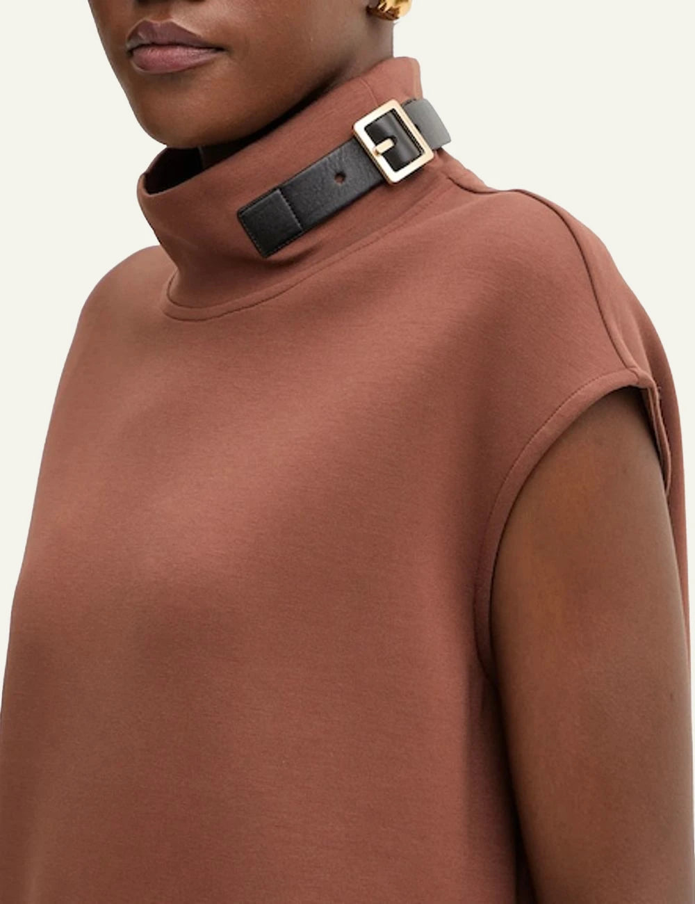 Karl Lagerfeld sleeveless top brown high neck buckle detail side detail view