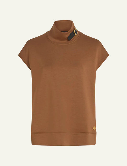 Karl Lagerfeld sleeveless top brown high neck buckle detail front flat view