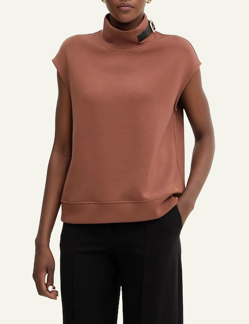Karl Lagerfeld sleeveless top brown high neck buckle detail front model view