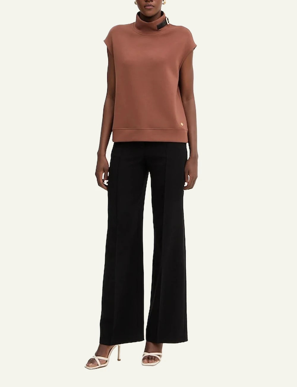 Karl Lagerfeld sleeveless top brown high neck buckle detail front full body view