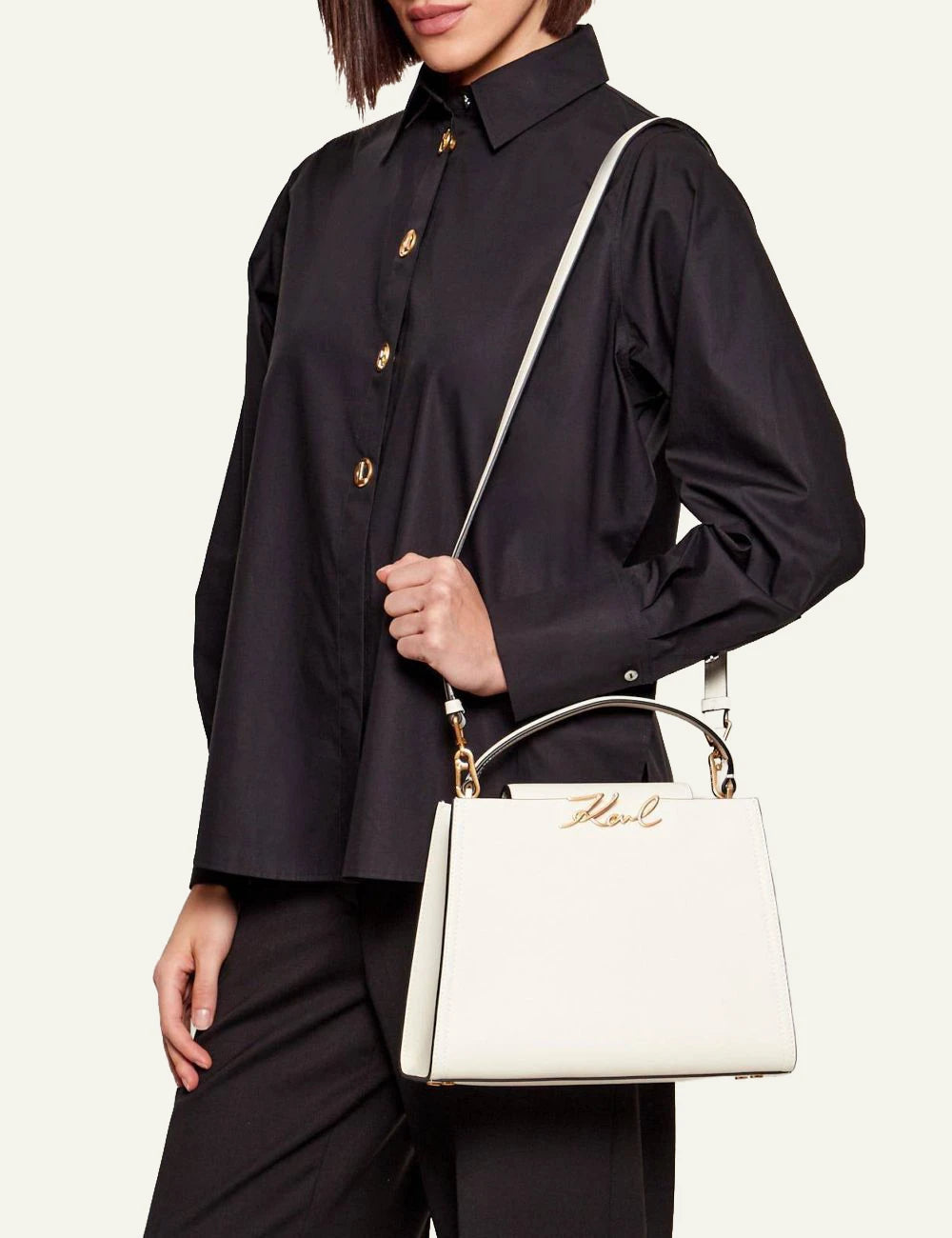 Karl Lagerfeld model small leather top handle bag white front straight 