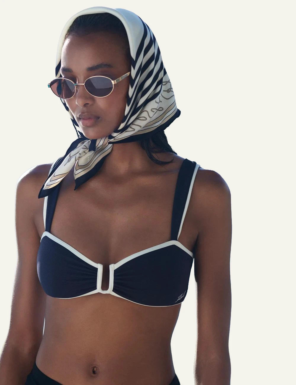 Karl Lagerfeld square scarf black beige autograph print silk geometric pattern front model view