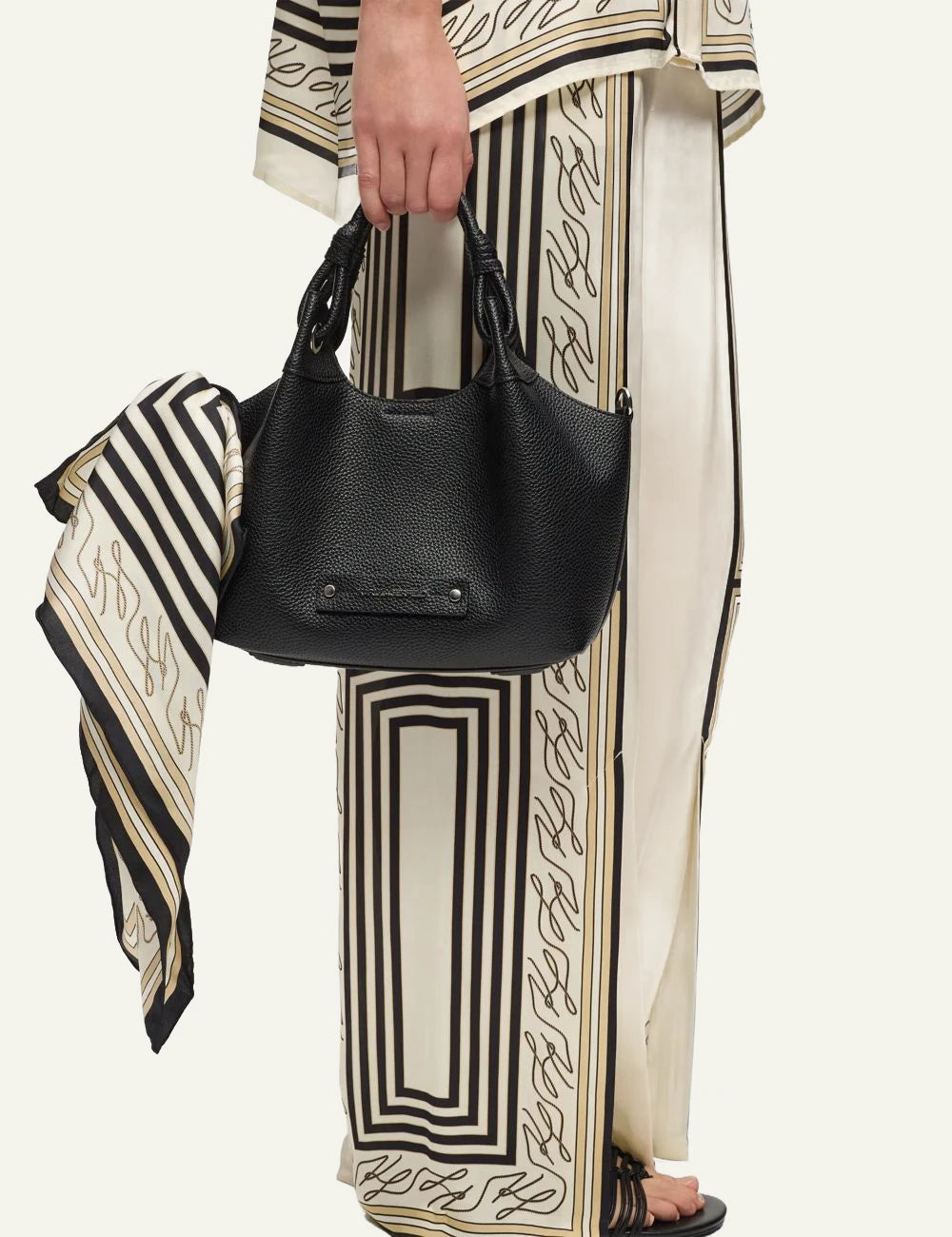 Karl Lagerfeld square scarf black beige autograph print silk geometric pattern front detail view