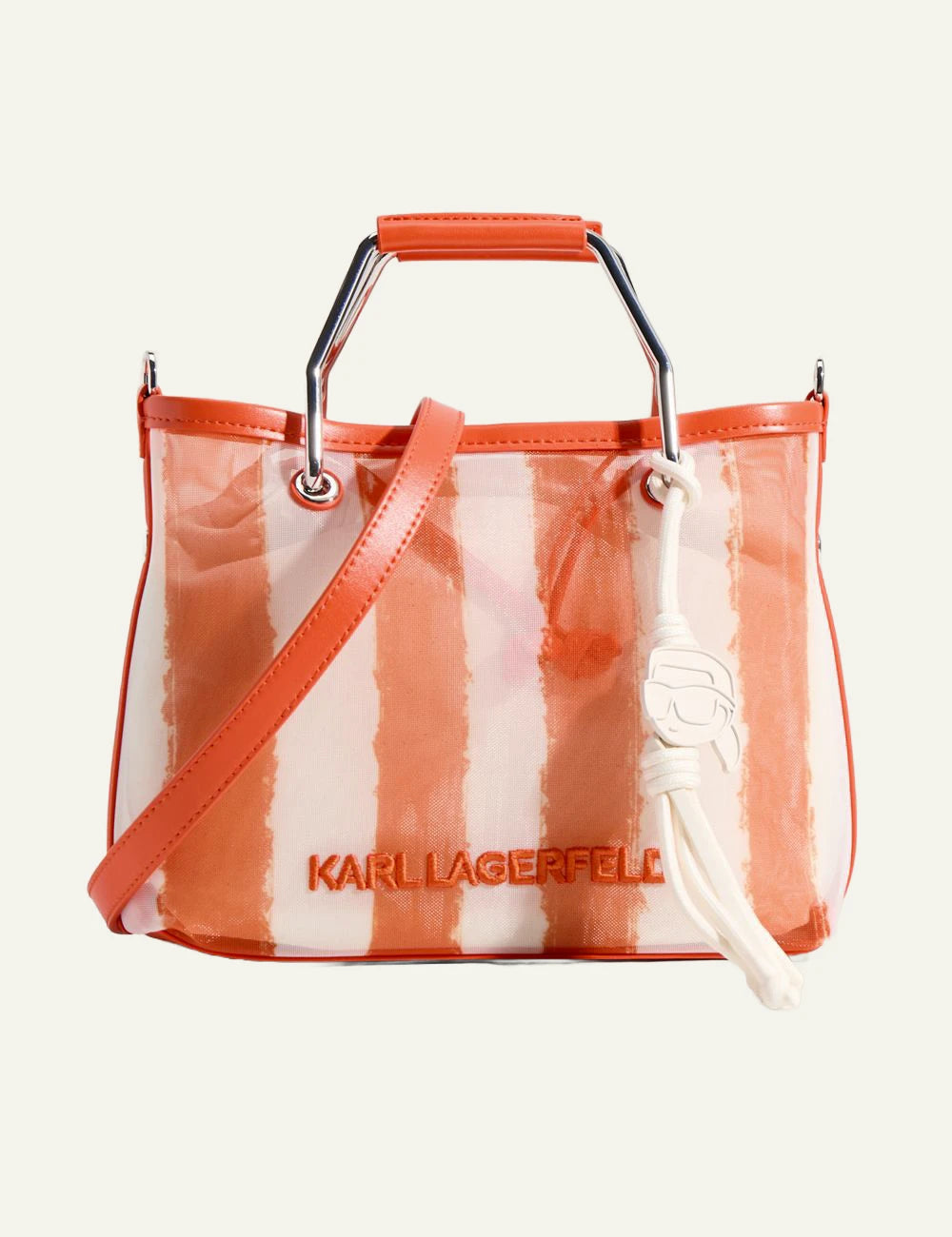 Karl Lagerfeld striped bag orange white tote metal handle front view