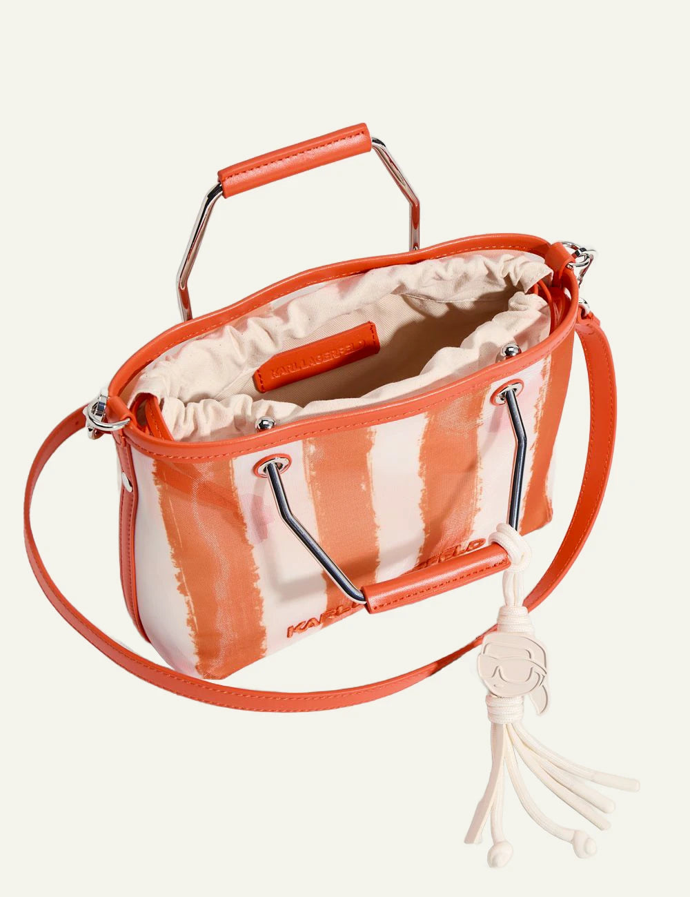 Karl Lagerfeld striped bag orange white tote metal handle top view