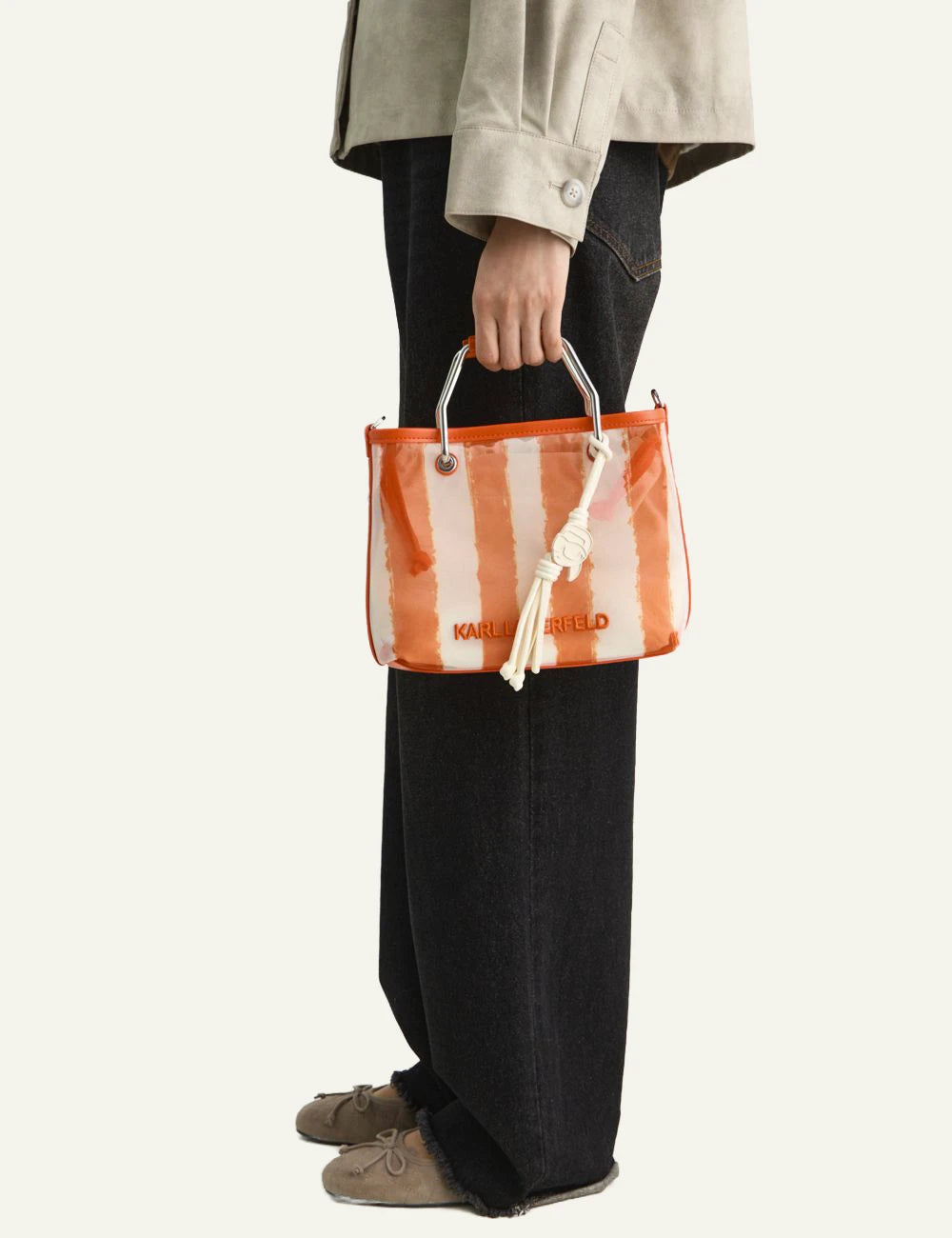 Karl Lagerfeld striped bag orange white tote metal handle model view