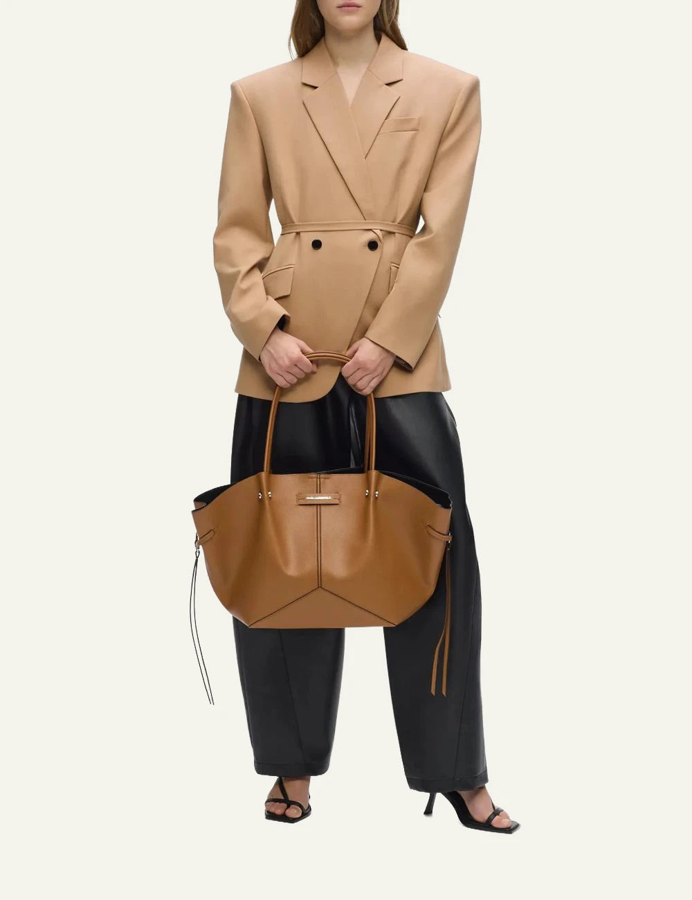 Karl Lagerfeld tan faux leather tote bag with double shoulder straps and subtle logo model