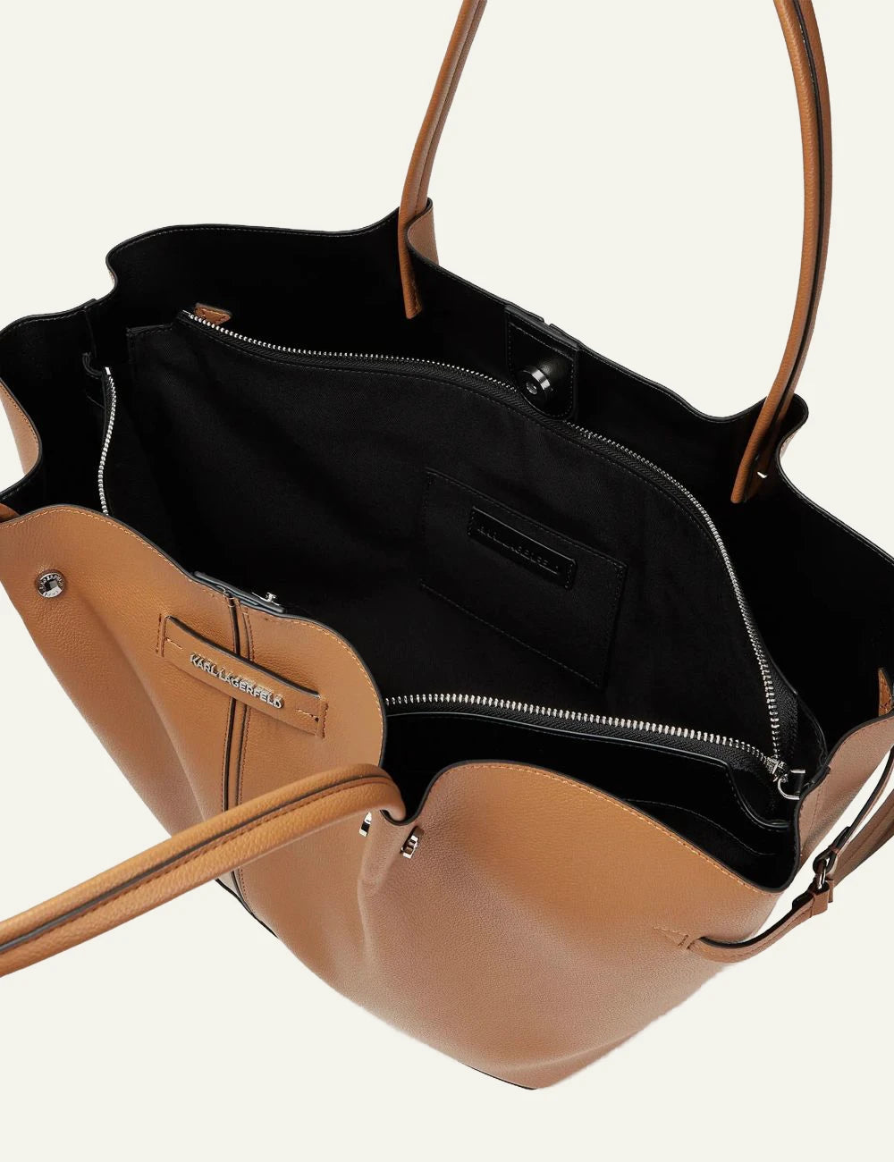 Karl Lagerfeld tan faux leather tote bag with double shoulder straps and subtle logo top