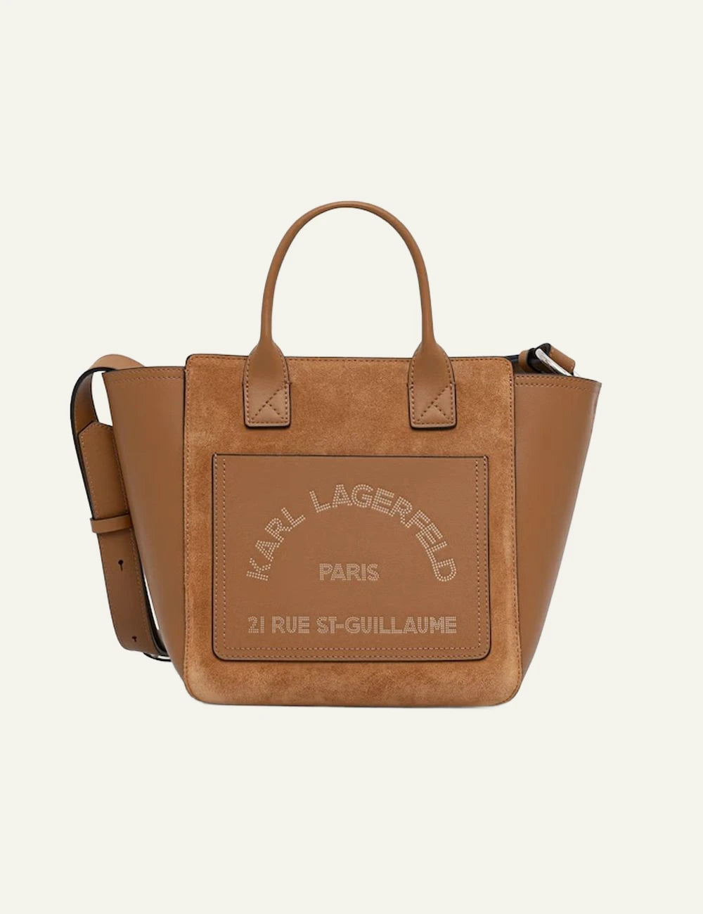Karl Lagerfeld tan tote bag with suede panel and Rue St-Guillaume logo