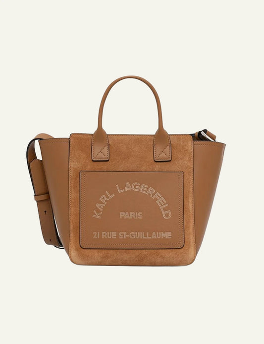 Karl Lagerfeld tan tote bag with suede panel and Rue St-Guillaume logo