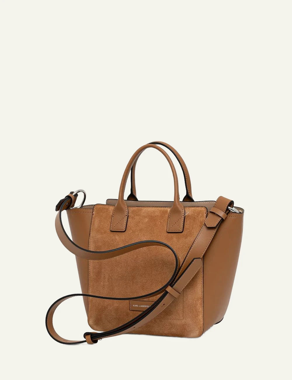 Karl Lagerfeld tan tote bag with suede panel and Rue St-Guillaume logo back