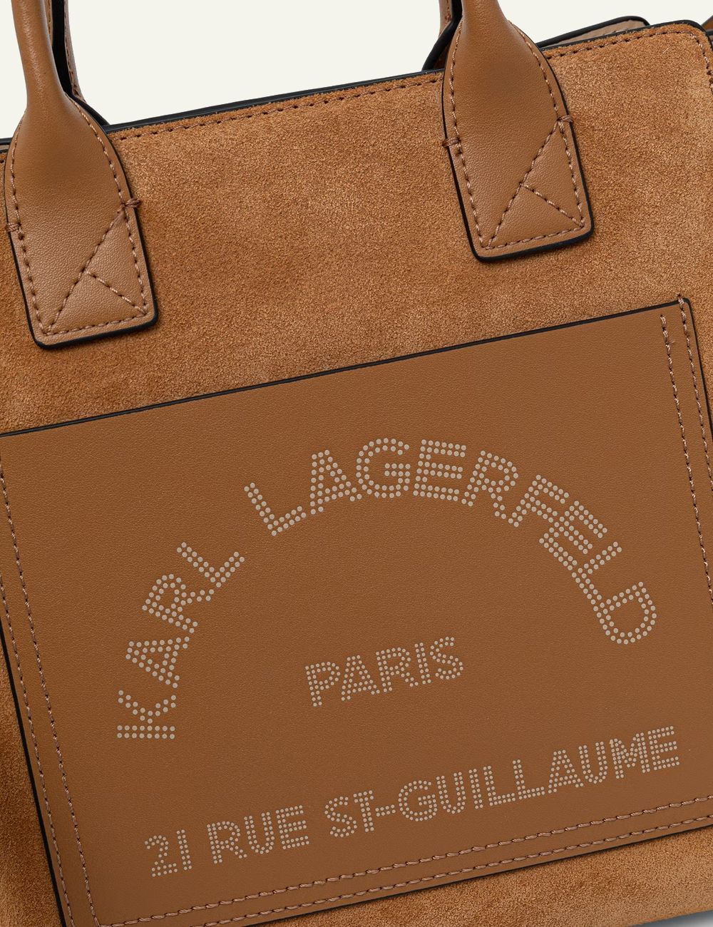 Karl Lagerfeld tan tote bag with suede panel and Rue St-Guillaume logo detail