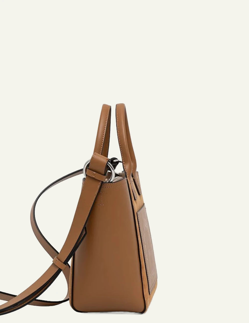 Karl Lagerfeld tan tote bag with suede panel and Rue St-Guillaume logo side