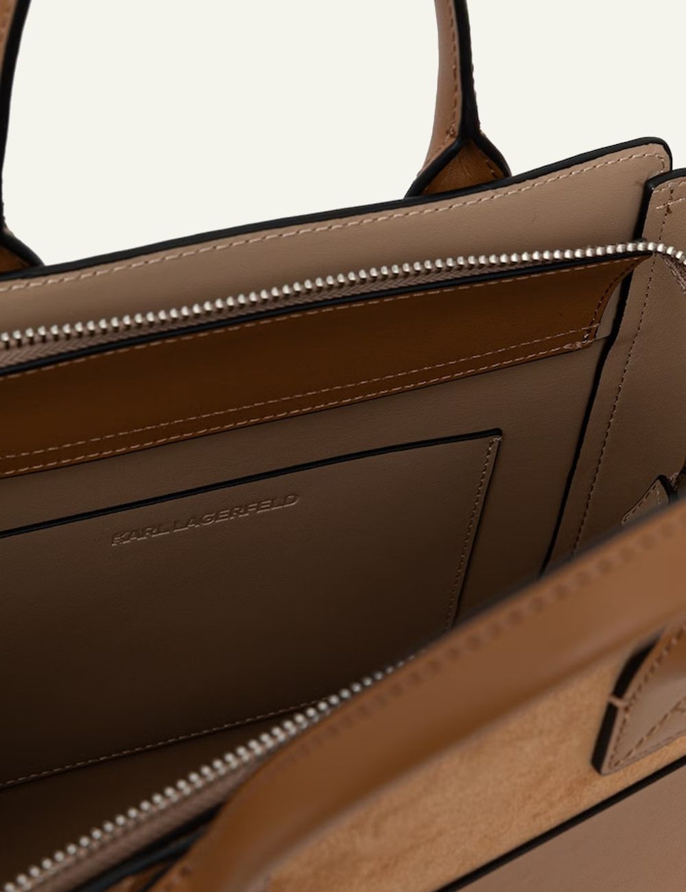 Karl Lagerfeld tan tote bag with suede panel and Rue St-Guillaume top