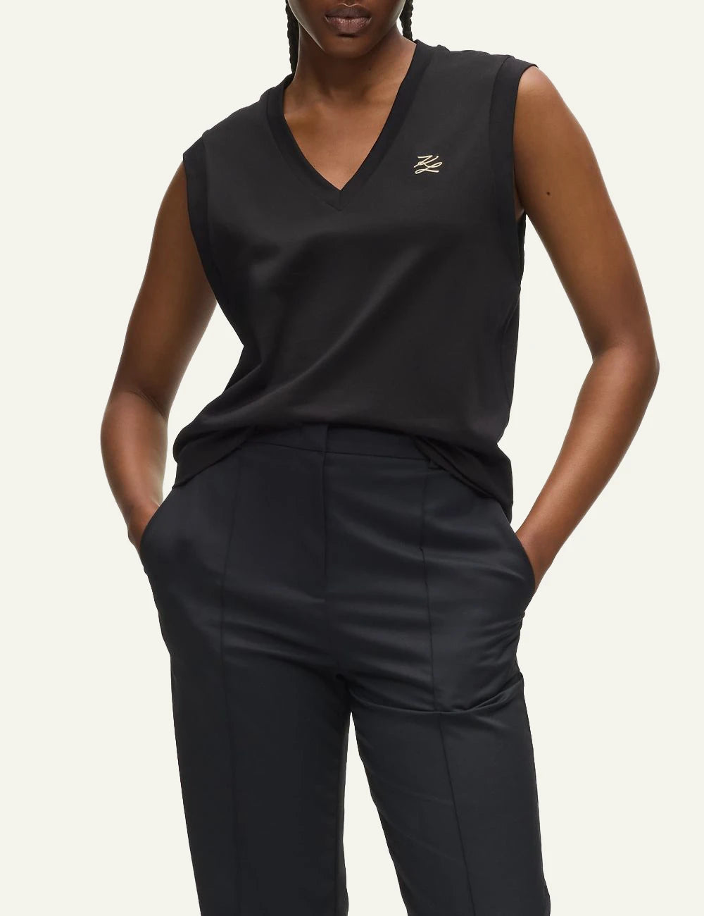 Karl Lagerfeld tank top black V neck me gold autograph logo front model view