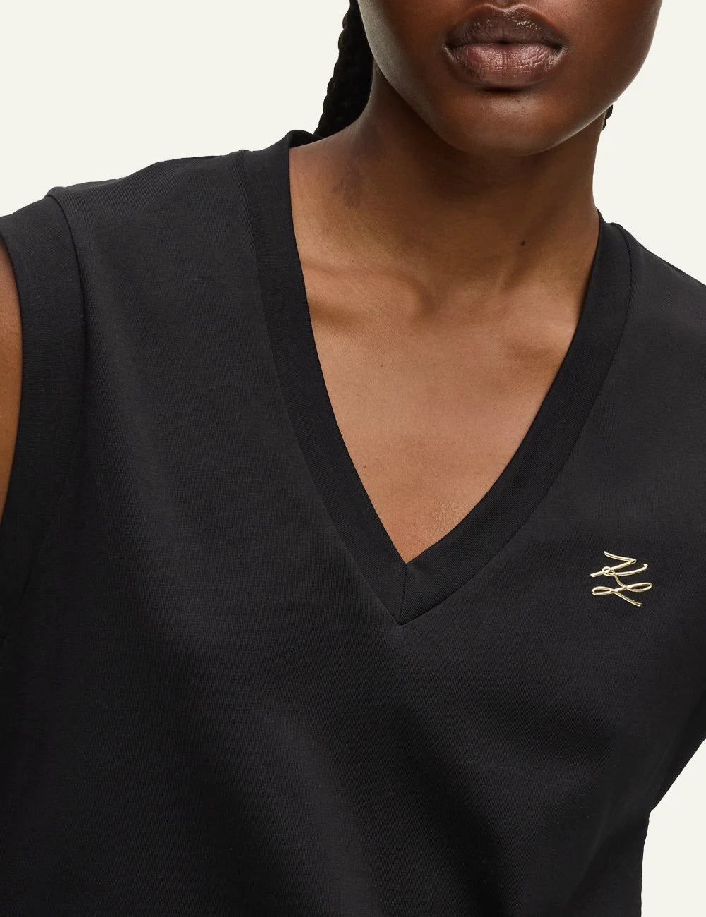 Karl Lagerfeld tank top black V neck me gold autograph logo detail view