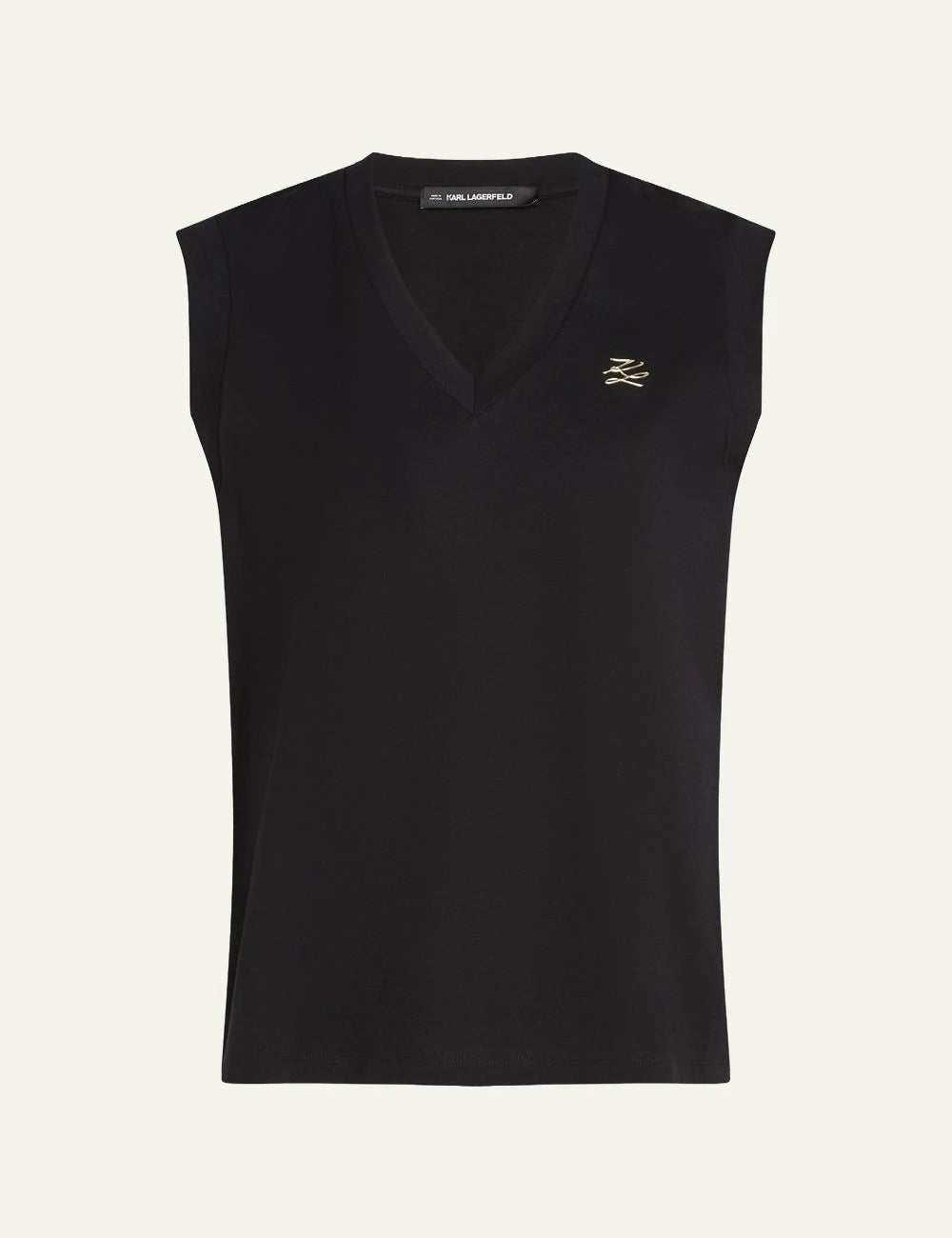 Karl Lagerfeld tank top black V neck me gold autograph logo front flat view
