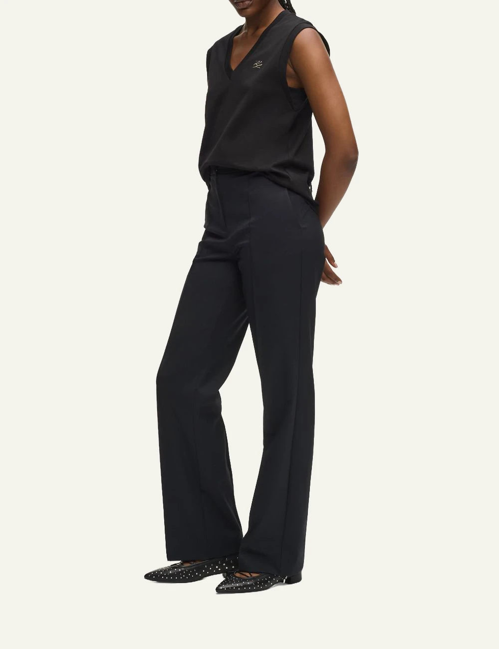 Karl Lagerfeld tank top black V neck me gold autograph logo front full body view