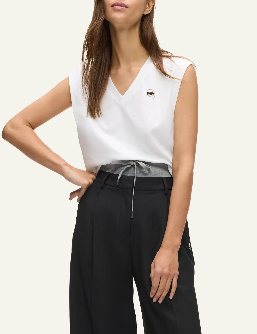 Karl Lagerfeld tank top white V neck me Ikon Karl patch front detail view