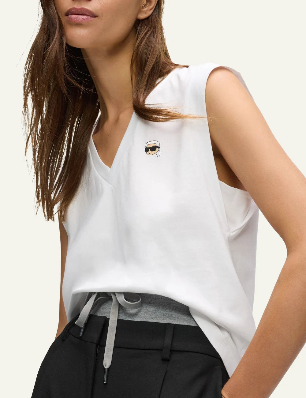 Karl Lagerfeld tank top white V neck me Ikon Karl patch side view