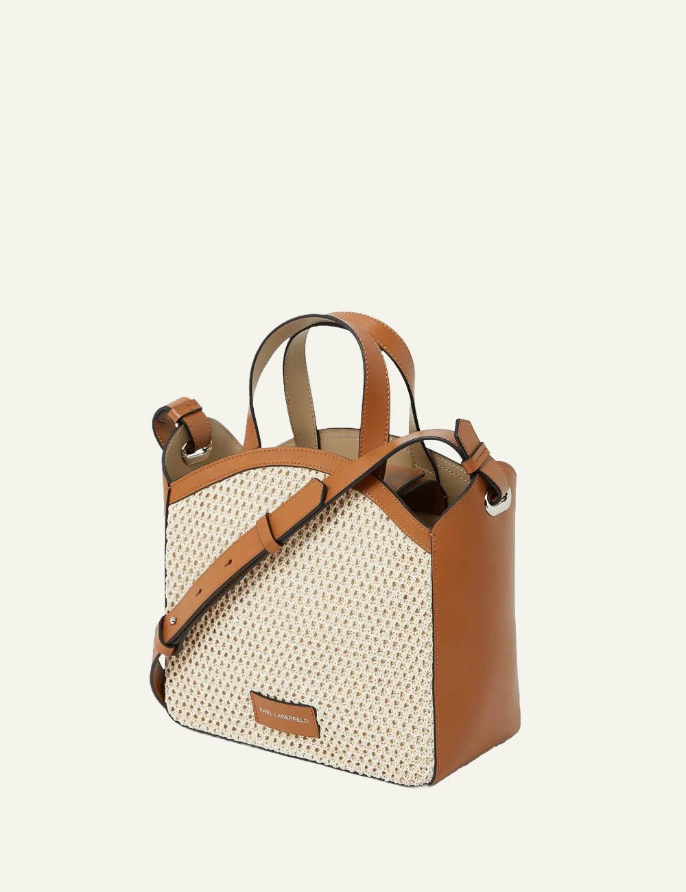 Karl Lagerfeld tote bag beige brown mesh perforated circle logo back view
