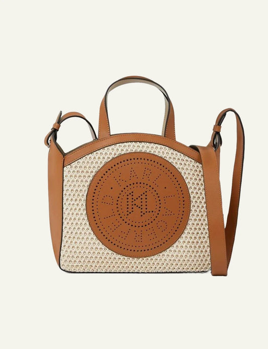 Karl Lagerfeld tote bag beige brown mesh perforated circle logo front view