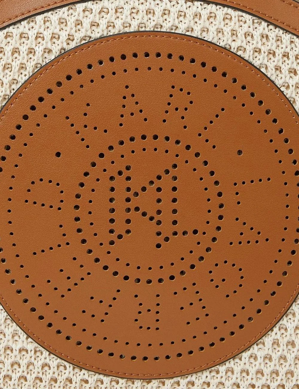 Karl Lagerfeld tote bag beige brown mesh perforated circle logo front detail view