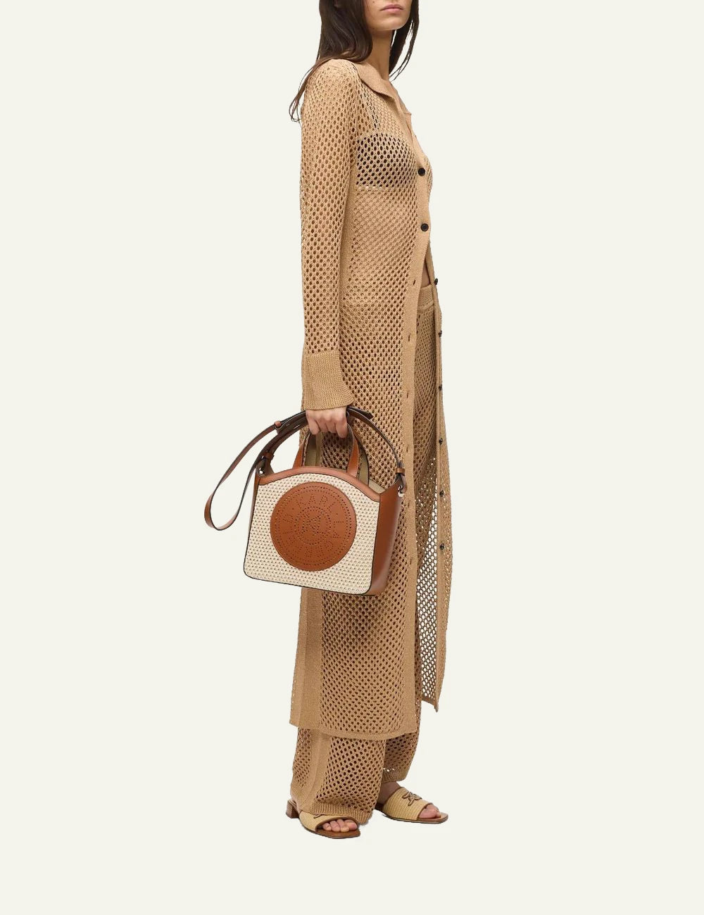 Karl Lagerfeld tote bag beige brown mesh perforated circle logo front full body view