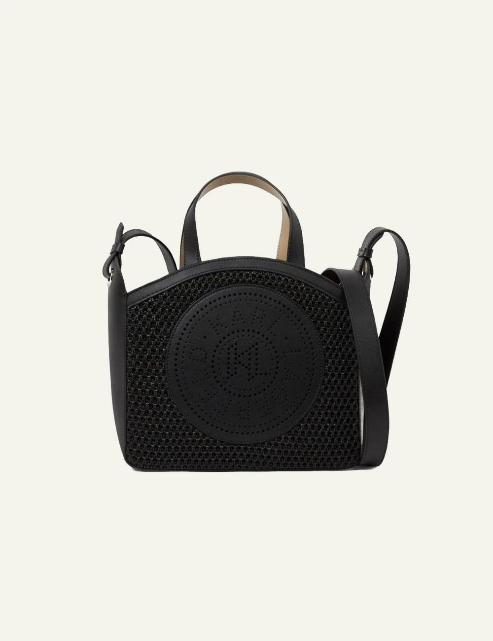 Karl Lagerfeld tote bag black mesh perforated circle logo front view