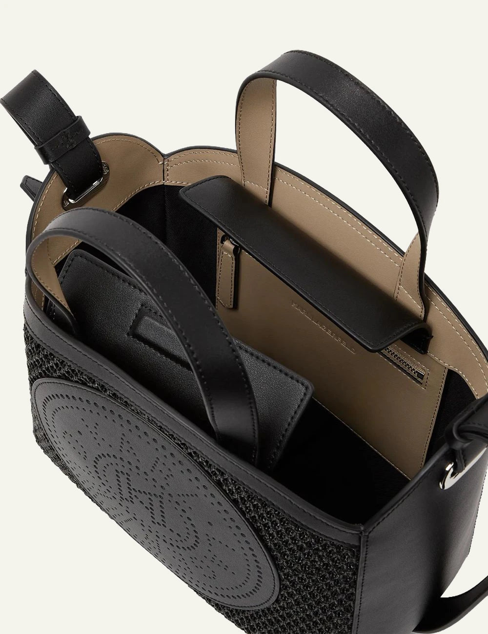 Karl Lagerfeld tote bag black mesh perforated circle logo top view