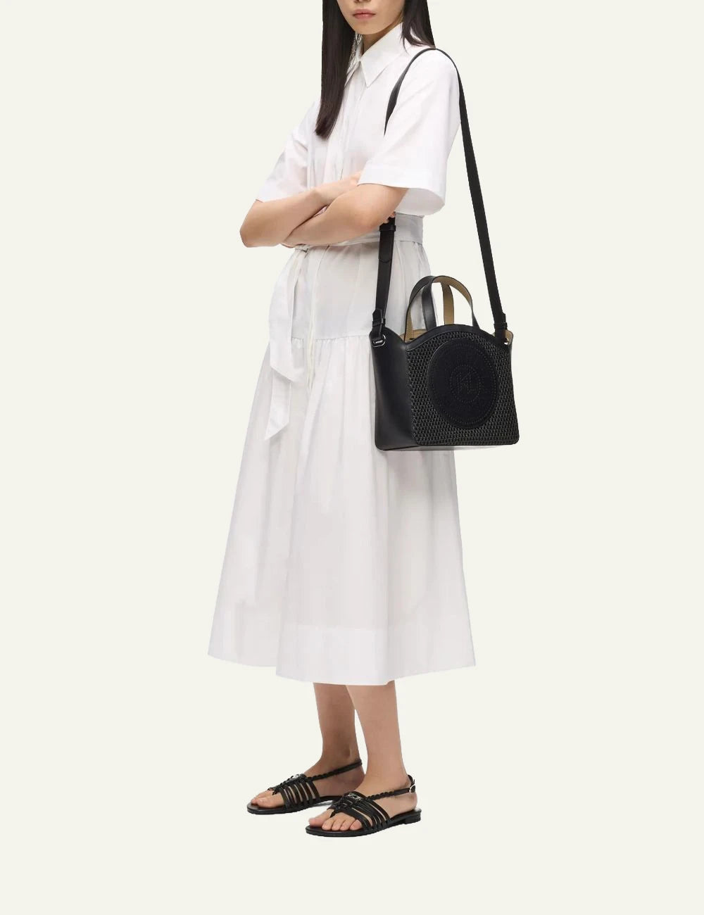 Karl Lagerfeld tote bag black mesh perforated circle logo front full body view