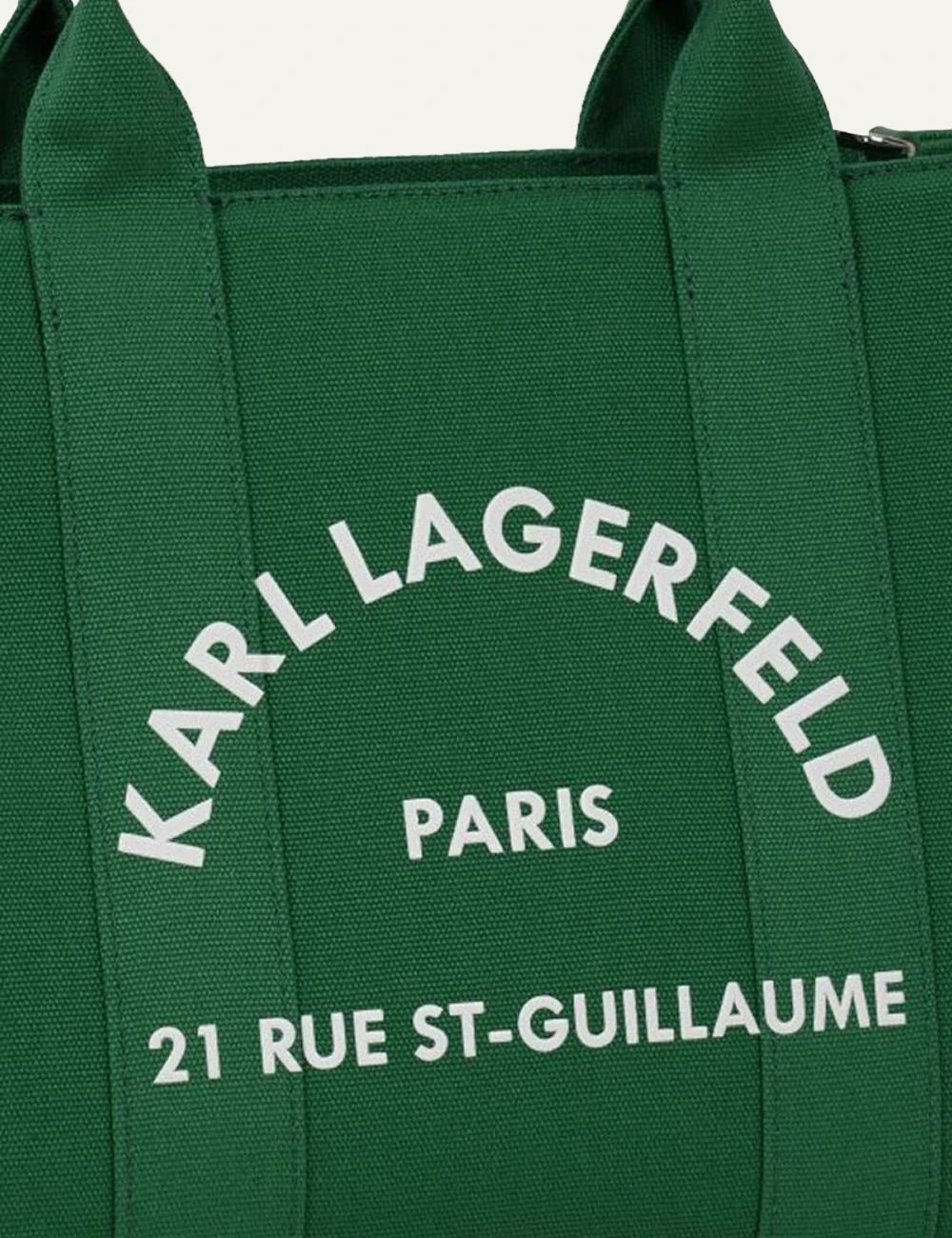 Karl Lagerfeld tote bag green Rue St Guillaume logo front detail view