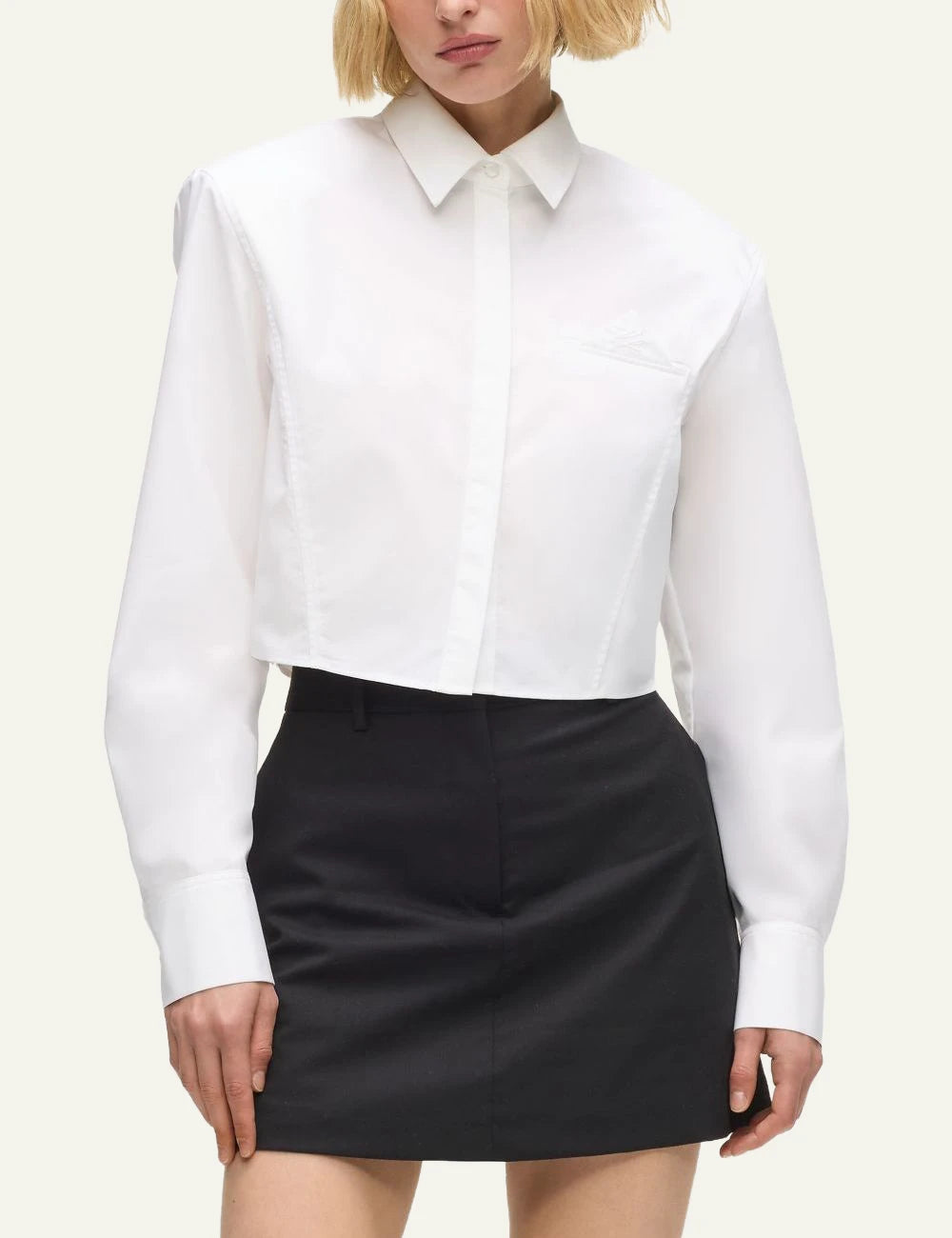 Karl Lagerfeld white cropped shirt me chest pocket long sleeve front model view
