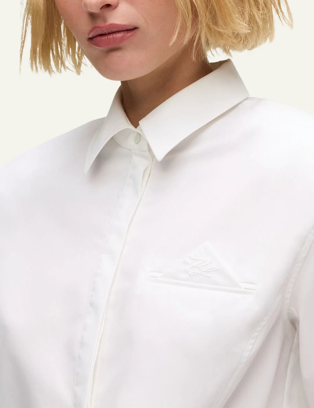 Karl Lagerfeld white cropped shirt me chest pocket long sleeve detail view
